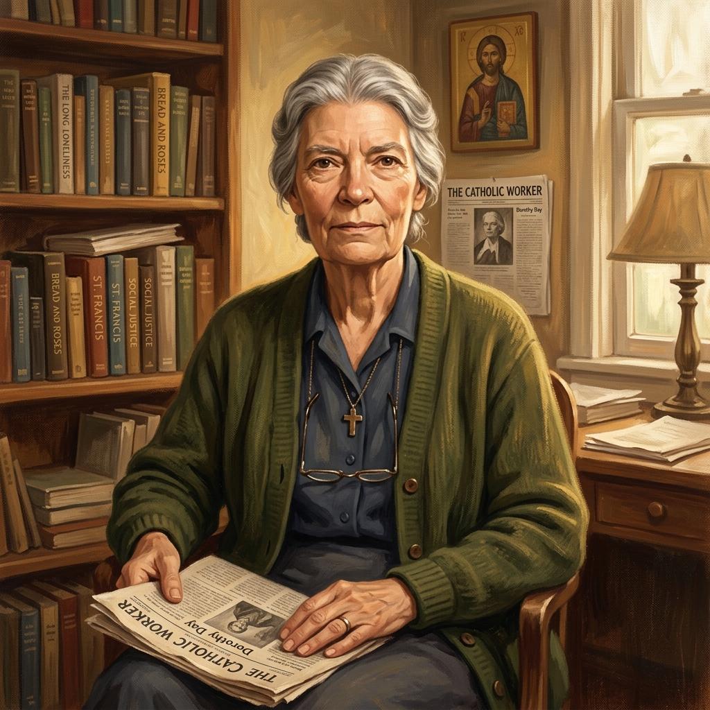 Artistic portrait of Dorothy Day, co-founder of the Catholic Worker movement