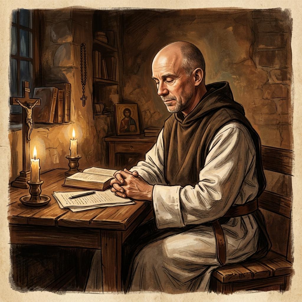 Artistic portrait of Thomas Merton, Trappist monk and writer, in contemplative prayer